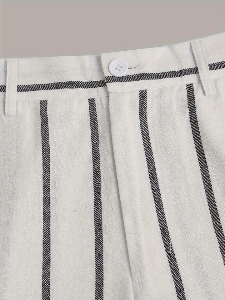 Plus Size Casual Outfits Set, Women's Plus Stripe Print Button Up Long Sleeve Turn Down Collar Blouse & Button Fly Wide Leg Pants Outfits 2 Piece Set