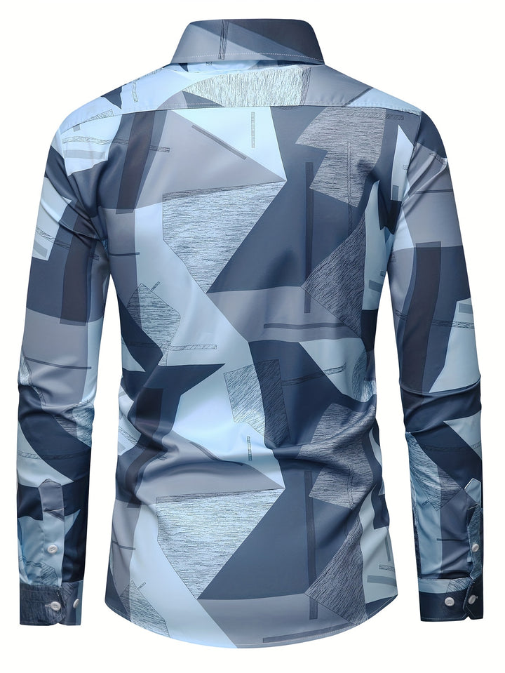 Fashion Geometric Pattern Men's Casual Long Sleeve Button Up Shirt, Spring Fall