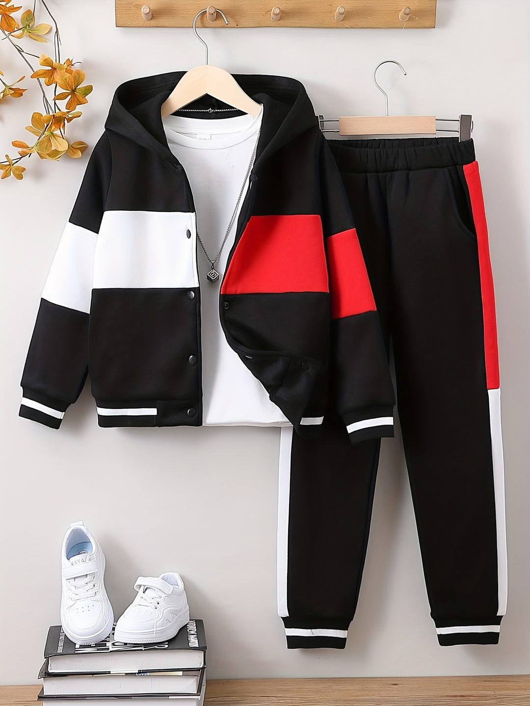 Boy's Color Clash 2pcs, Hooded Jacket & Sweatpants Set, Windproof Casual Outfits, Kids Clothes For Spring Fall