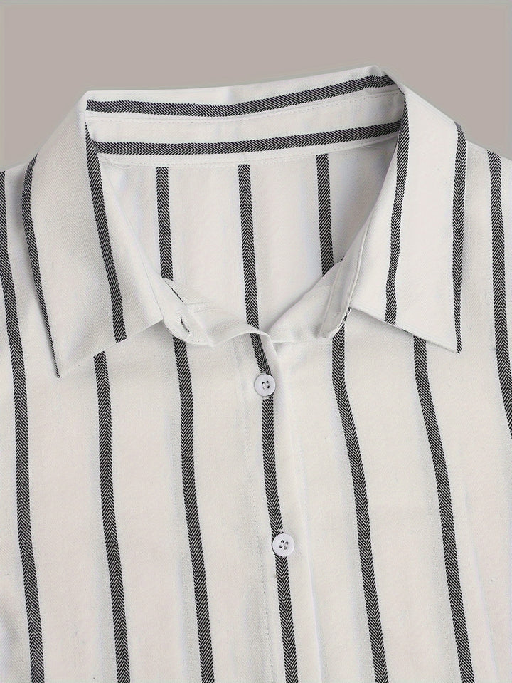 Plus Size Casual Outfits Set, Women's Plus Stripe Print Button Up Long Sleeve Turn Down Collar Blouse & Button Fly Wide Leg Pants Outfits 2 Piece Set