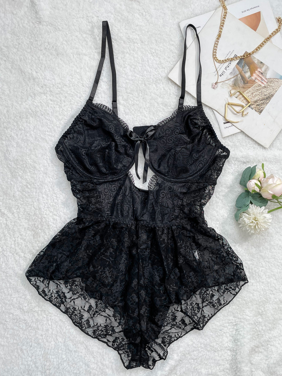 Women's Sexy Lingerie Teddy, Plus Size Contrast Lace Bow Decor Cut-out Babydoll Teddy Bodysuit