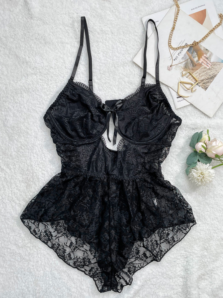 Women's Sexy Lingerie Teddy, Plus Size Contrast Lace Bow Decor Cut-out Babydoll Teddy Bodysuit