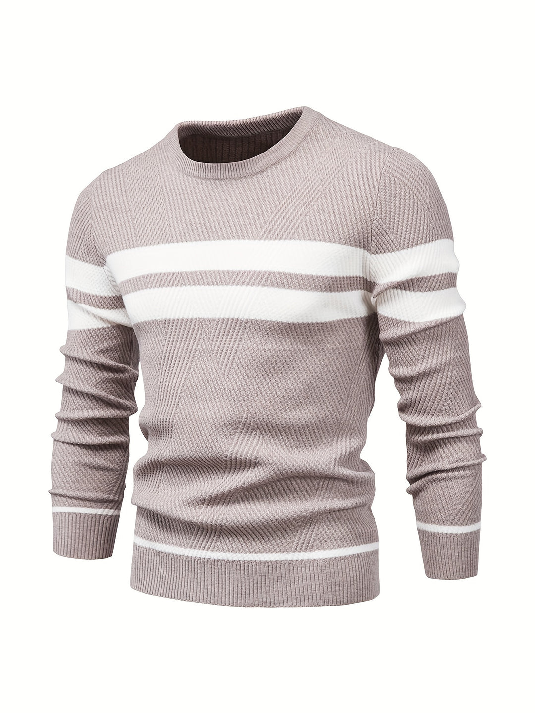 All-Match Striped Knitted Sweater, Men's Casual Warm High Stretch Crew Neck Pullover Sweater For Fall Winter