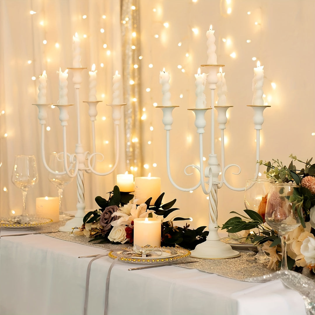 2pcs Golden Candelabra Centerpieces For Tables, Metal Tall Candle Holder For Taper Candles, 5 Arm Candlestick Holder For Wedding Centerpiece Decor Party Event Reception Decoration,19.7in