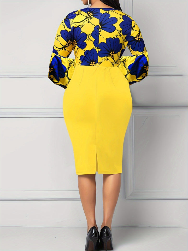 Floral Print Plus Size Dress for Women, Elegant and Slimming Bell Sleeve Design