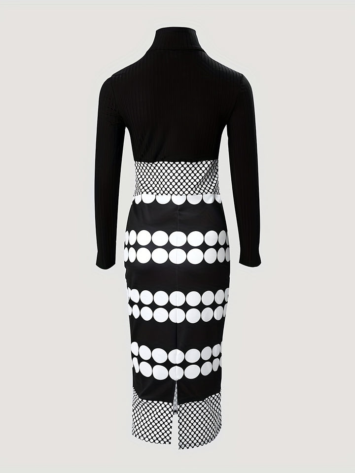 Polka Dot Print Split Dress, Elegant High Neck Long Sleeve Dress, Women's Clothing
