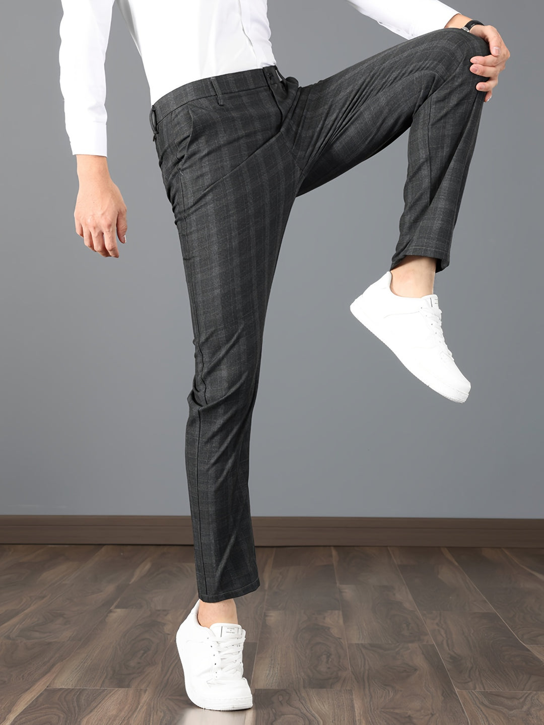 Elegant Plaid Slacks, Men's Casual Vintage Style Slightly Stretch Dress Pants