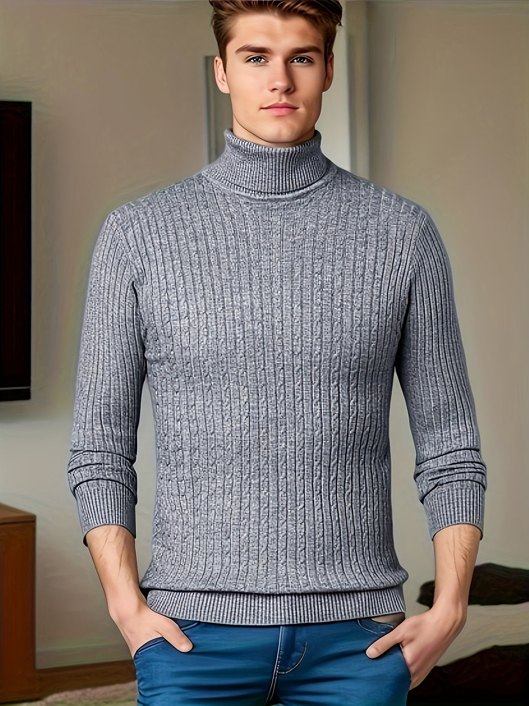 Men's Trendy Knitted Sweater, Casual Mid Stretch Breathable Turtle Neck Top For Outdoor Fall Winter
