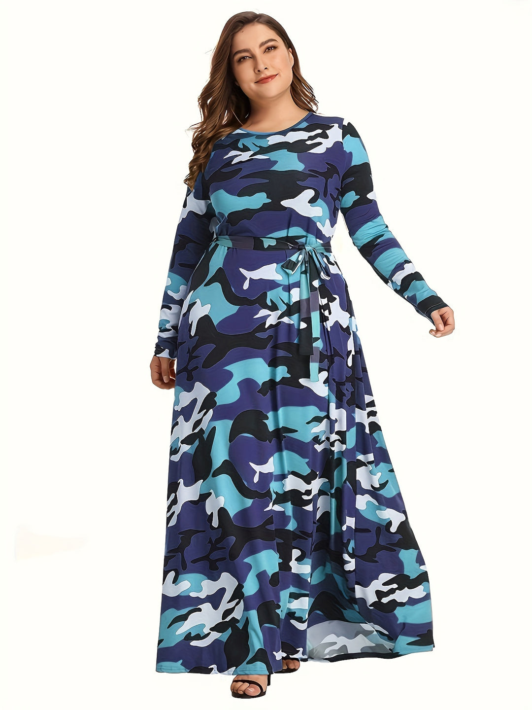 Stylish Plus Size Maxi Dress for Women - Camo Print, Long Sleeve, and Belt Included