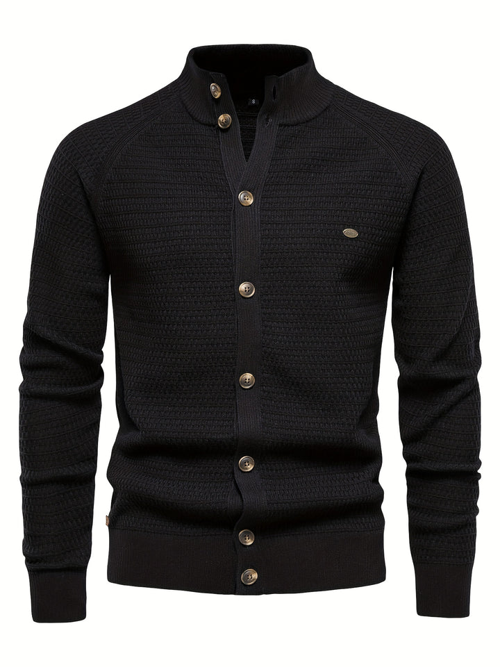 Men's Classic Design Knitted Cardigan Cotton Blend Button Mock Neck Sweater