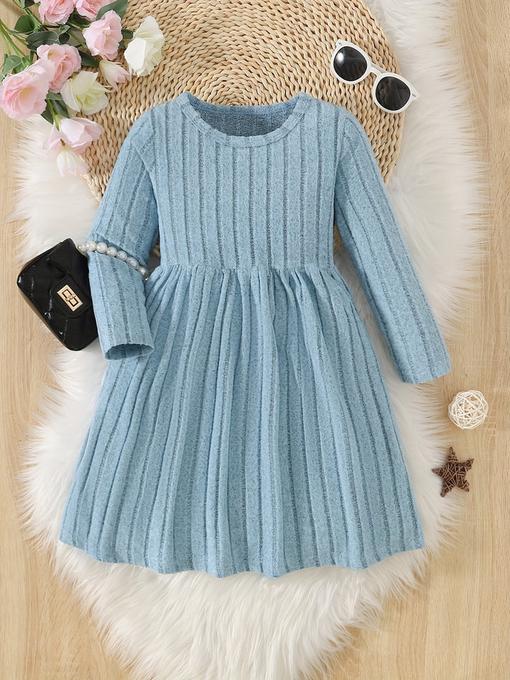 Girls Solid Color Dress Simple And Versatile Round Neck Long Sleeve Dress