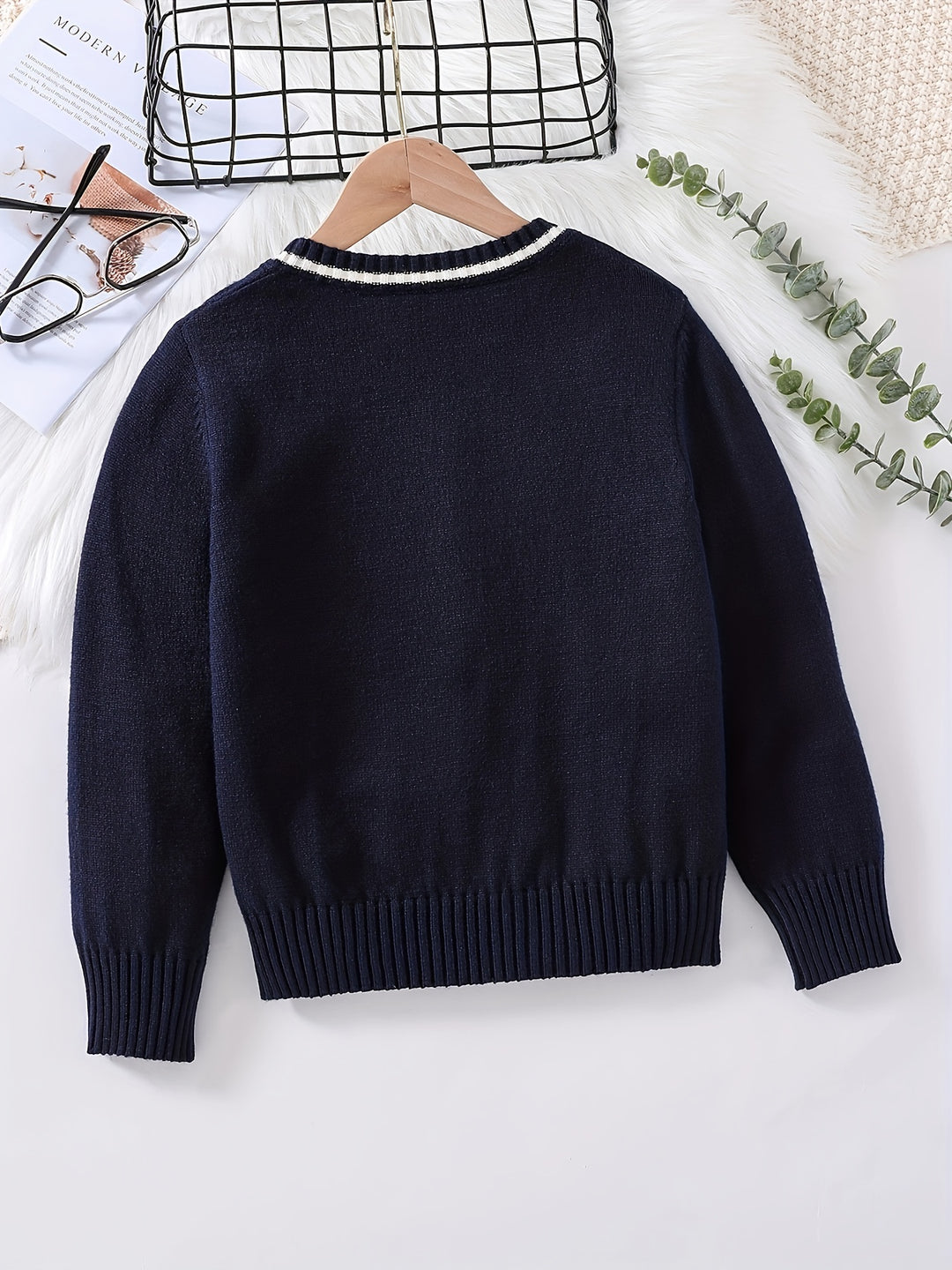 Kid's Preppy Style V-neck Sweater, Cable Knit Pullover, Casual Long Sleeve Top, Boy's Clothes For Spring Fall Winter, As Christmas Gift