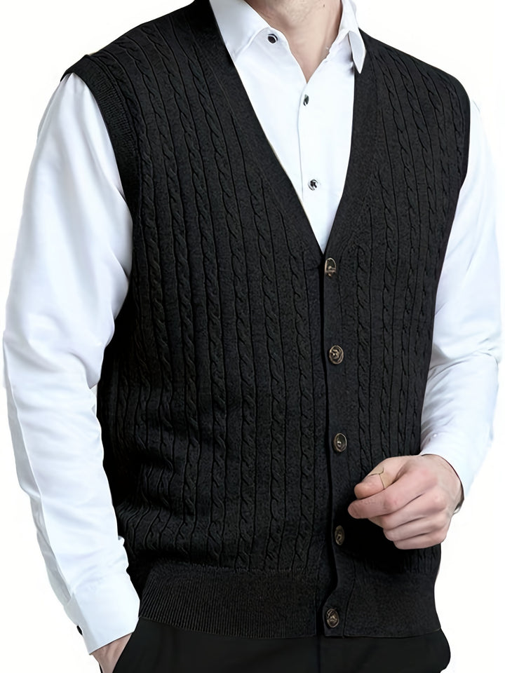 Elegant High Stretch Knit Cable Cardigan Vest, Men's Casual Vintage Style V Neck Button Up Cardigan Vest For Fall Winter