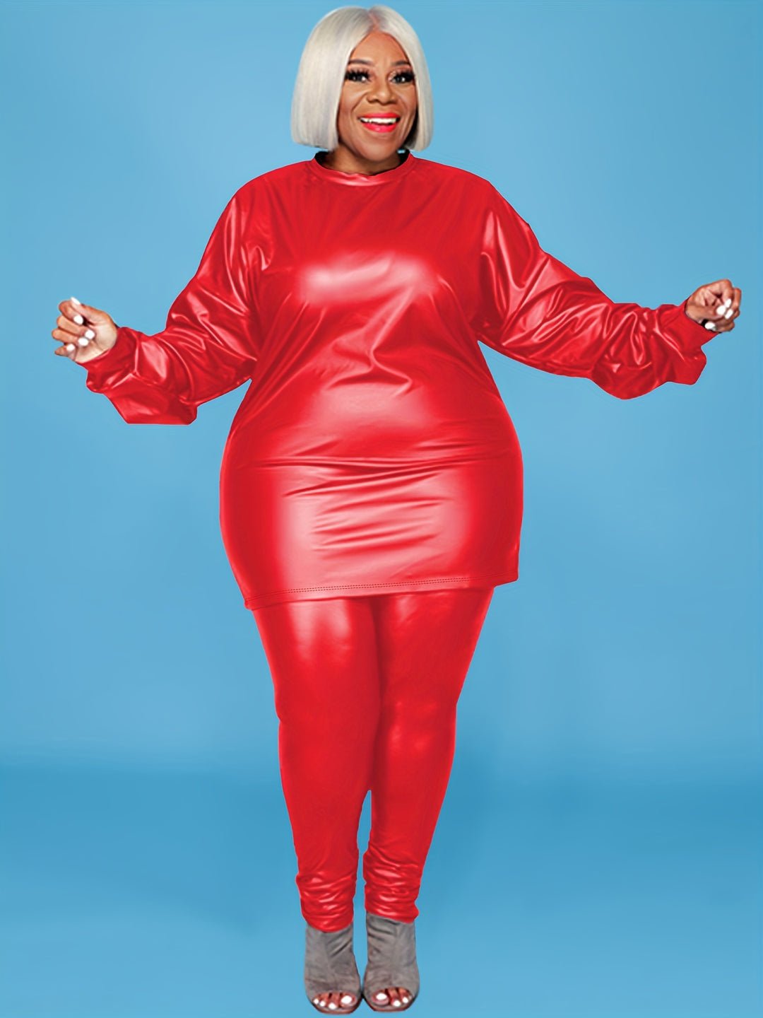 Plus Size Casual Outfits Set, Women's Plus Faux Leather Solid Long Sleeve Top & Pants 2pcs Set