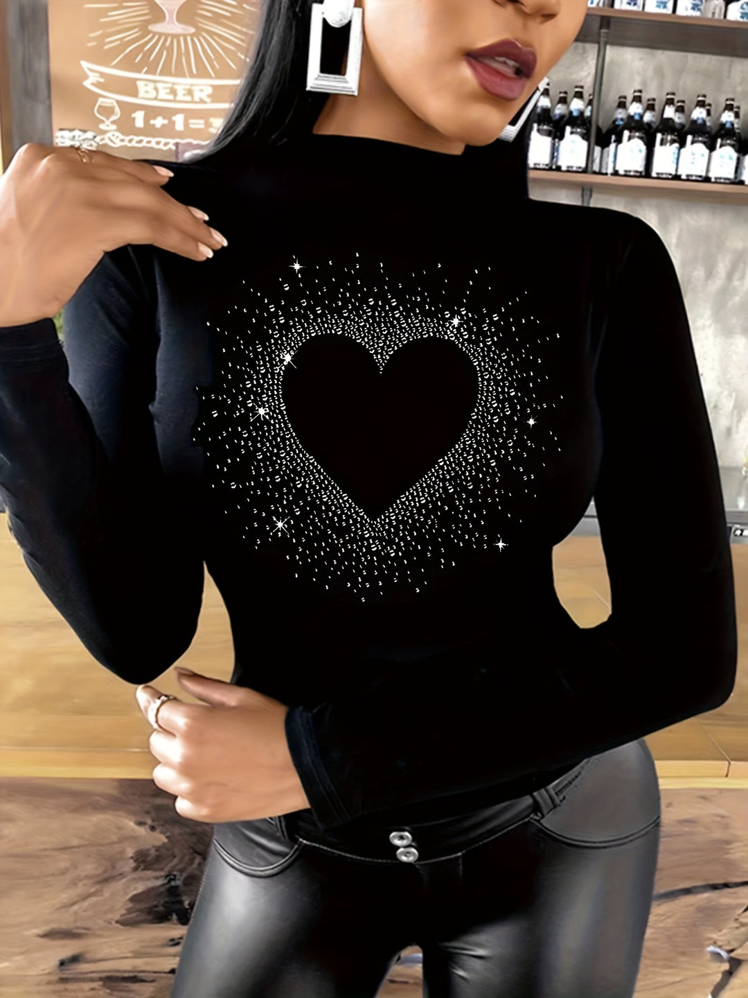 Plus Size Heart Rhinestone Top, Casual Mock Neck Long Sleeve Top, Women's Plus Size Clothing