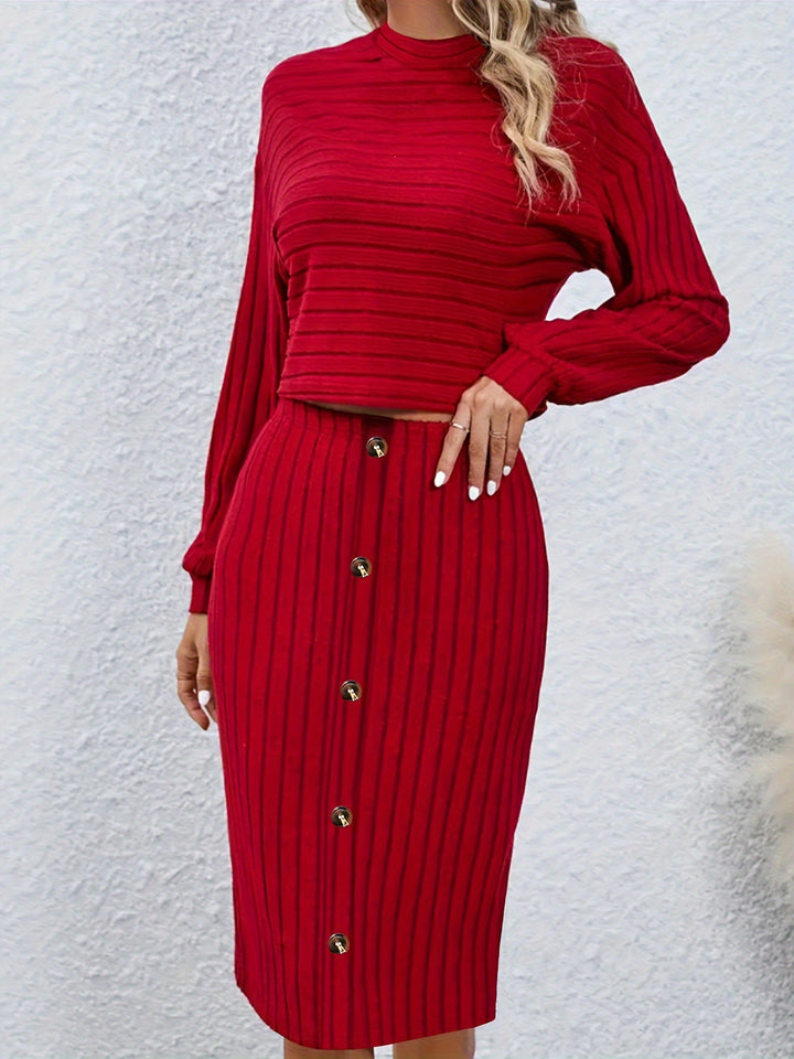 Plus Size Elegant Outfits Set, Women's Plus Solid Long Sleeve Ribbed Knit Crop Top & Button Decor Skirt Outfits 2 Piece Set