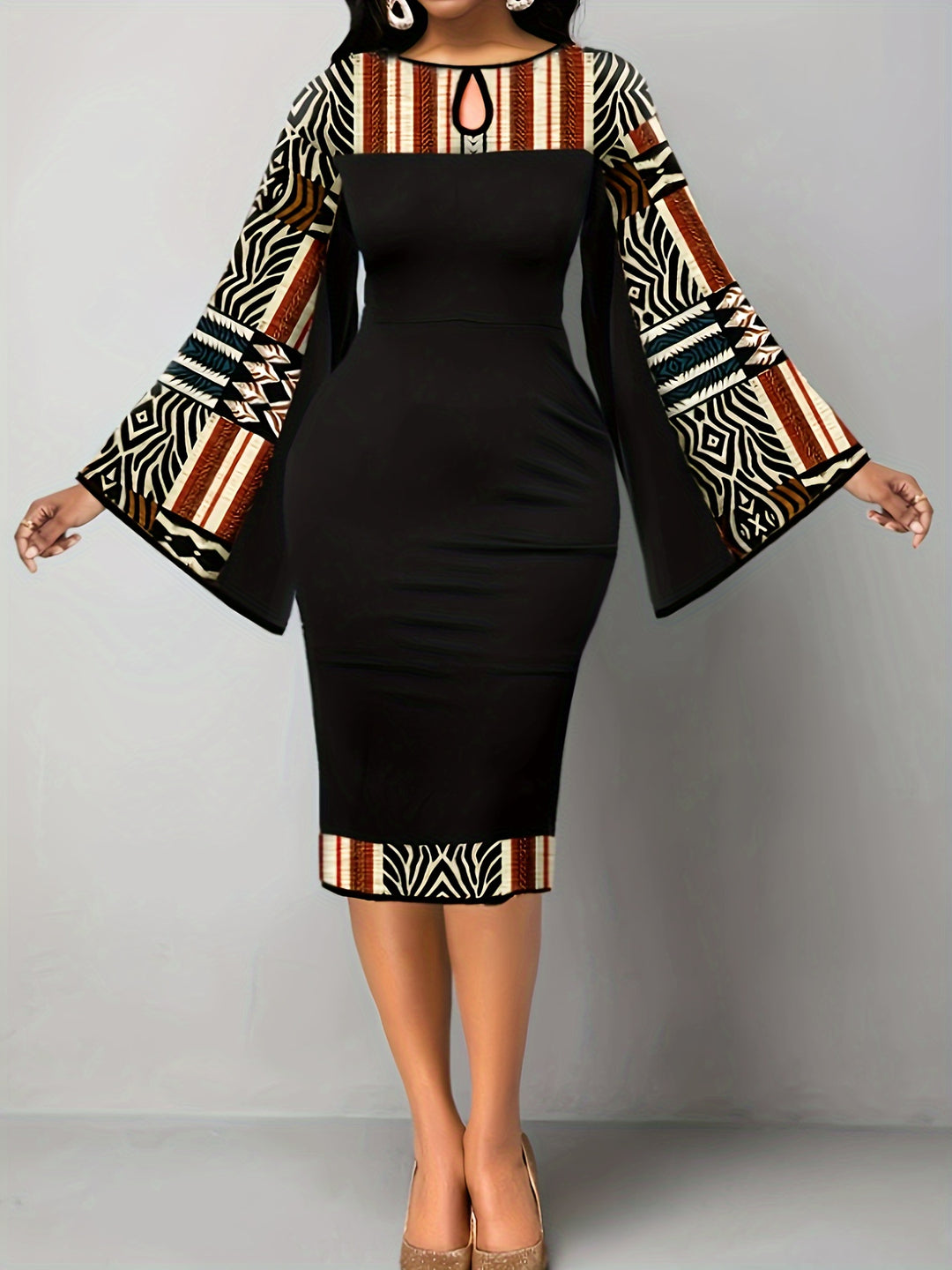 Elevate Your Style with Our Plus Size Colorblock Midi Dress for Women, Featuring Bell Sleeves and a Keyhole Neckline'.