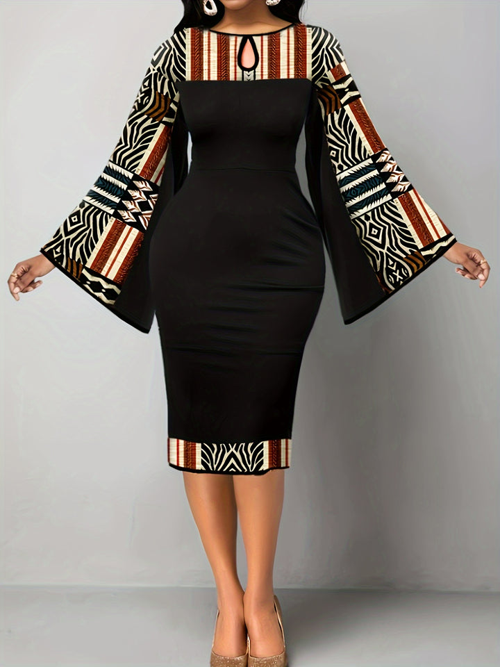 Elevate Your Style with Our Plus Size Colorblock Midi Dress for Women, Featuring Bell Sleeves and a Keyhole Neckline'.