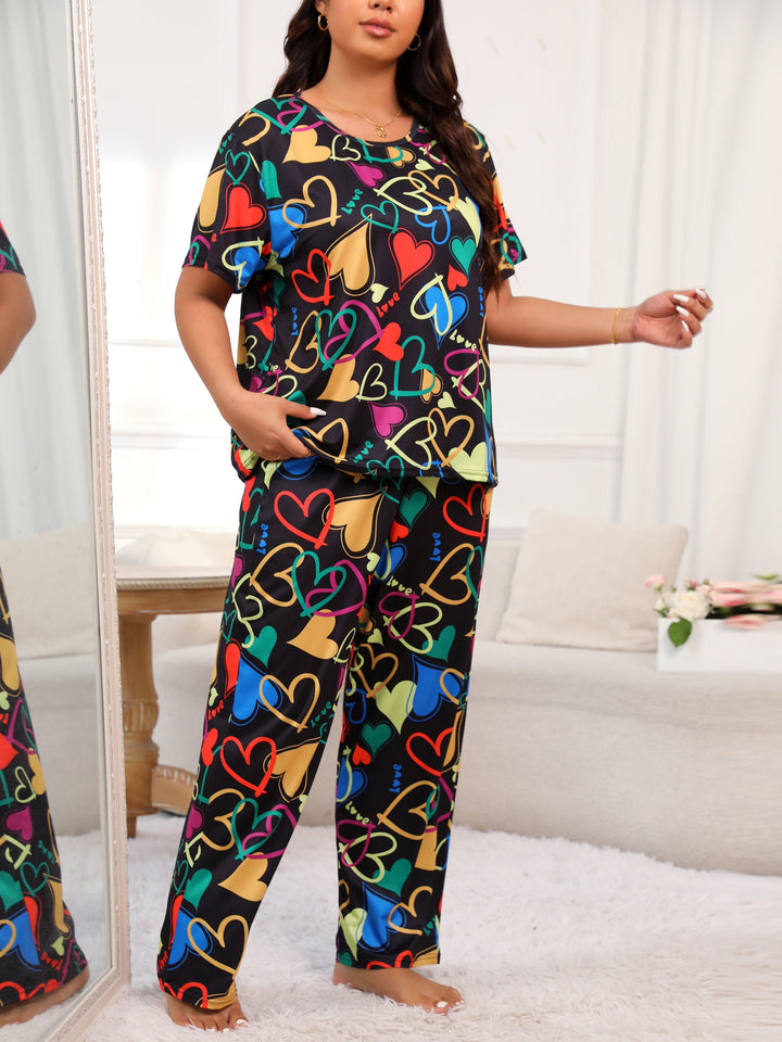 Plus Size Casual Pajamas Set, Women's Plus Colorful Heart Print Short Sleeve Round Neck Tee & Pants Lounge Two Piece Set