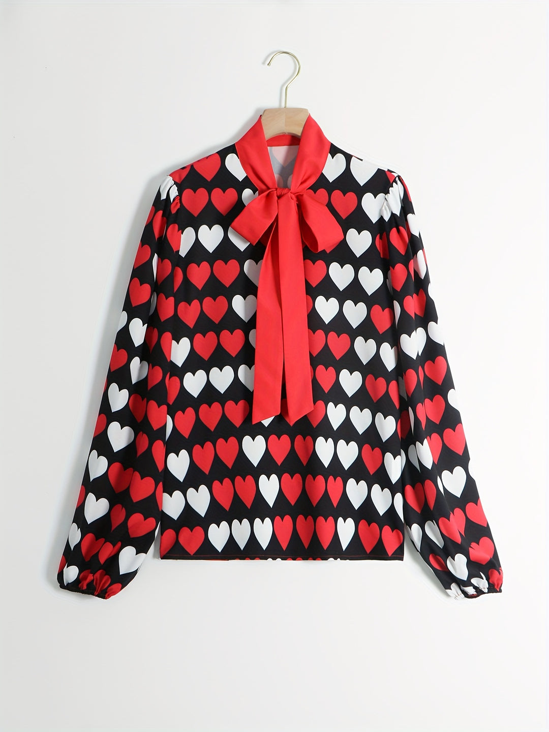 Heart Print Bow Front Blouse, Elegant Long Sleeve Top For Spring & Fall, Women's Clothing