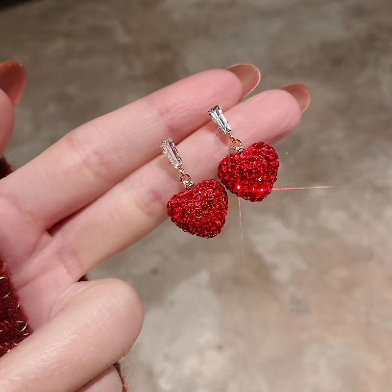 Red Love Earrings Big Red Heart-shaped Imitation Diamond Pendant Light Luxury High-end Earrings Christmas High-end Earrings Gift Jewelry For Women