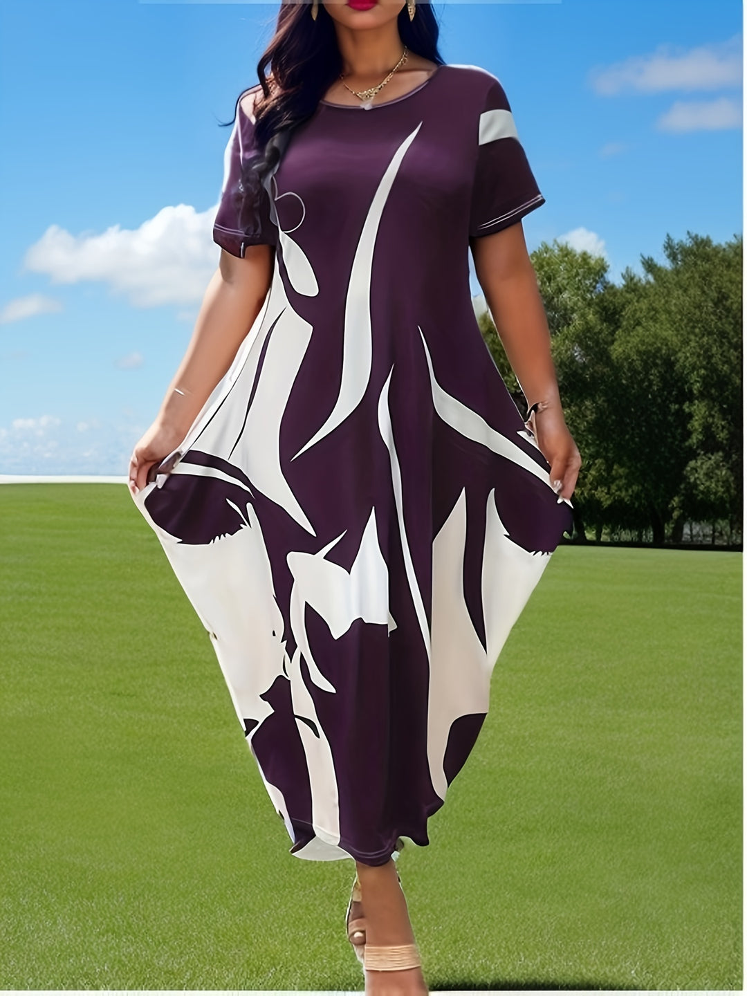 Plus Size Elegant Dress, Women's Plus Abstract Print Short Sleeve Round Neck Baggy Dress