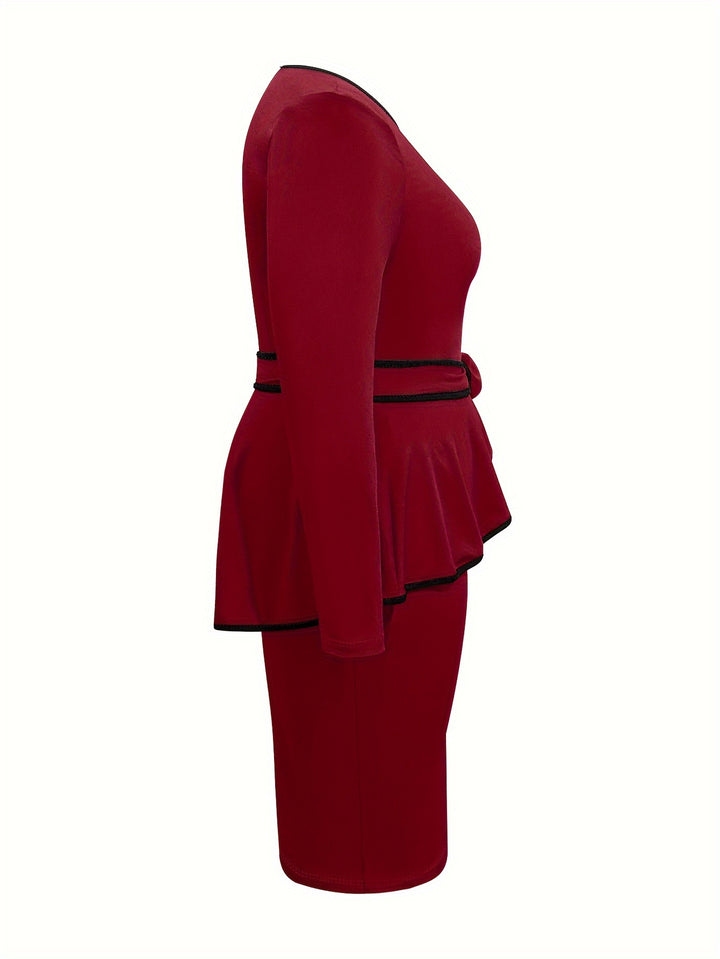 Plus Size Elegant Dress, Women's Plus Colorblock Contrast Trim Long Sleeve Round Neck Keyhole Slim Fit Layered Dress With Belt