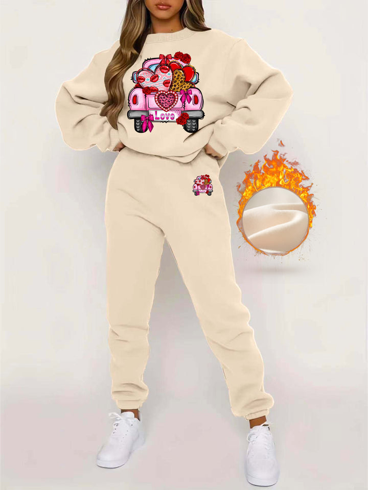 Valentine's Day Print Fleece Two-piece Set, Casual Long Sleeve Sweatshirt & Jogger Pants Outfits, Women's Clothing