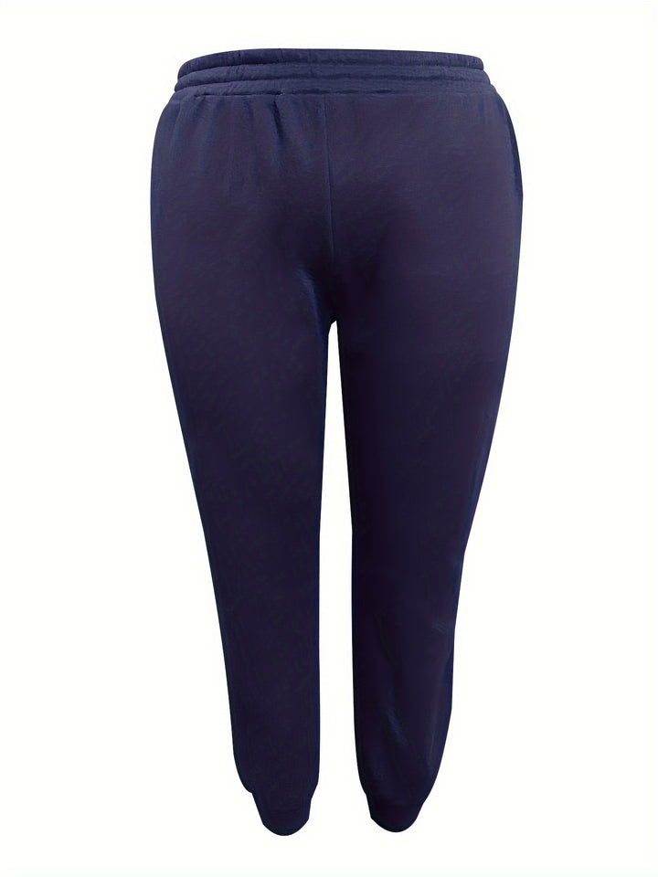 Plus Size Sporty Outfits Set, Women's Plus Solid Zipper Front Long Sleeve Coat & Joggers Outfits 2 Piece Set