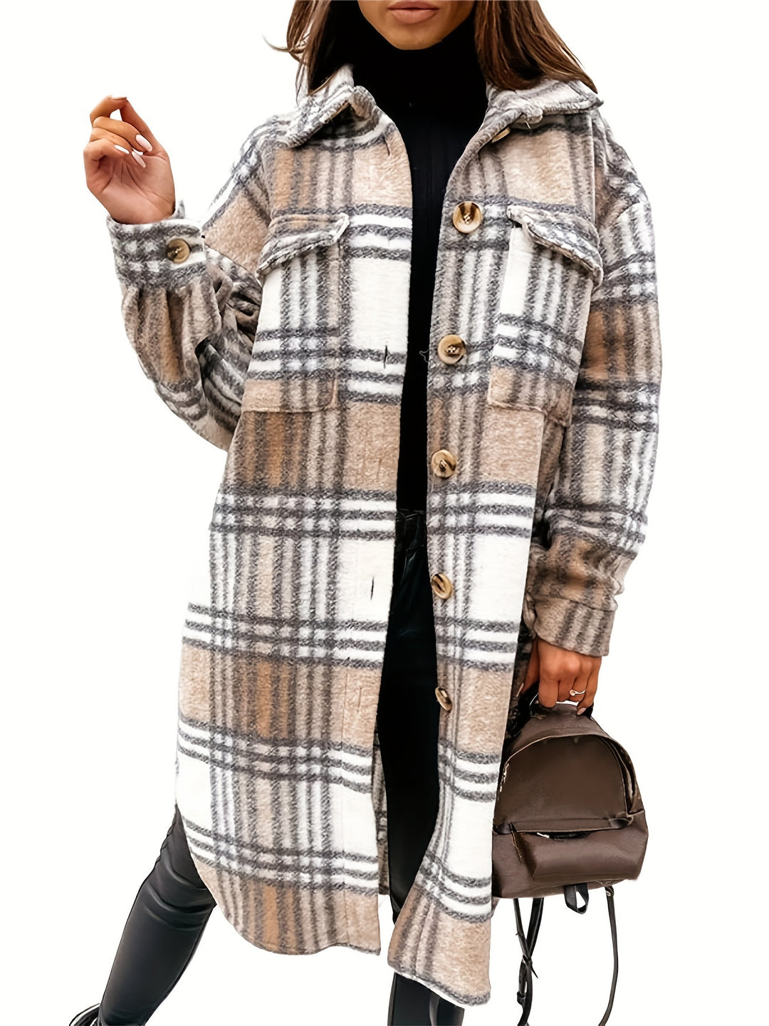 Plaid Print Shacket Jacket, Casual Button Front Turn Down Collar Long Sleeve Mid Length Outerwear, Women's Clothing