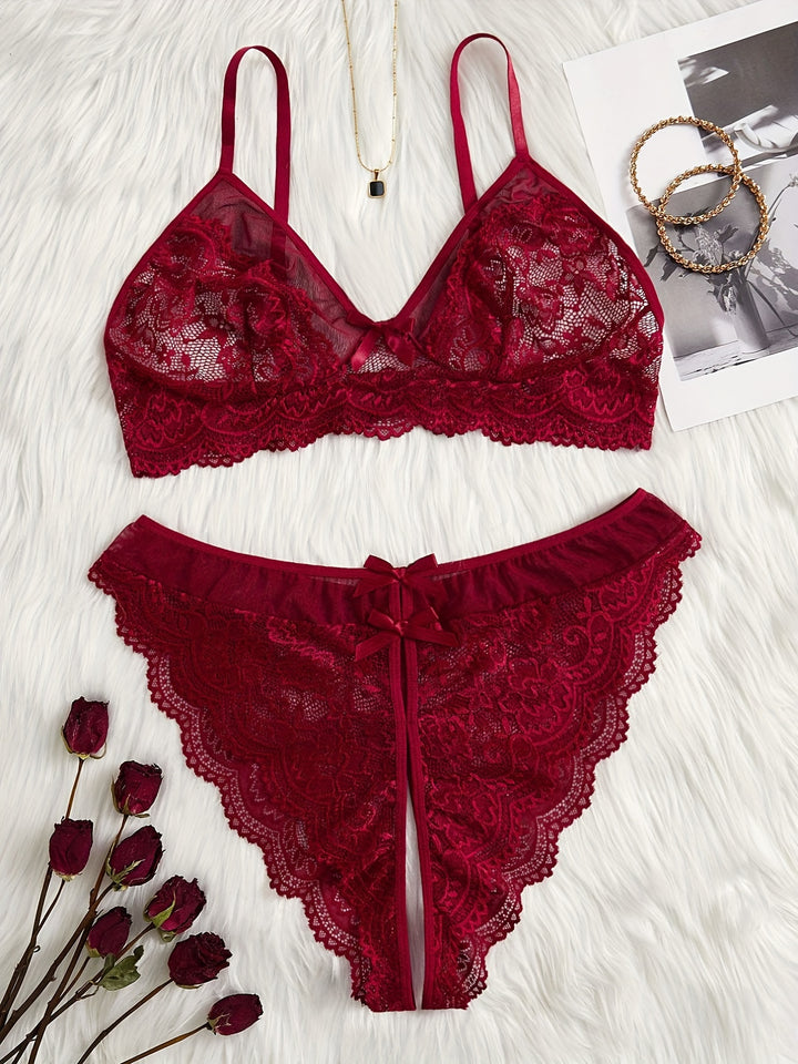 Women's Sexy Lingerie Set, Plus Size Floral Lace Bow Decor Scalloped Trim Bra & Open Crotch Panty Lingerie 2 Piece Set