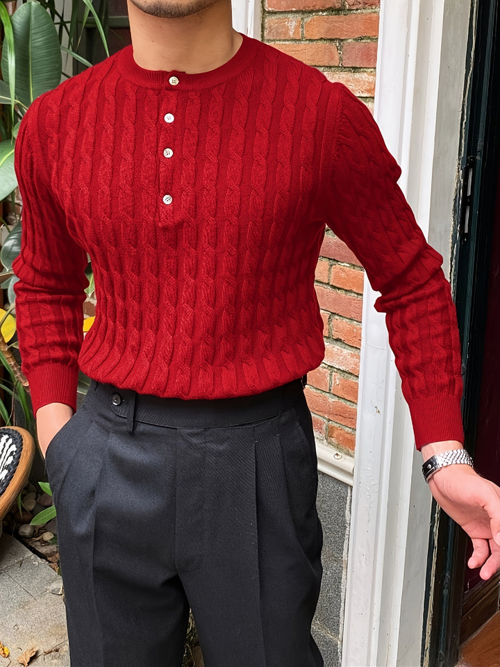 Men's Stylish Solid Knitted Pullover, Casual Breathable Long Sleeve Button Up Crew Neck Top For City Walk Street Hanging Outdoor Activities