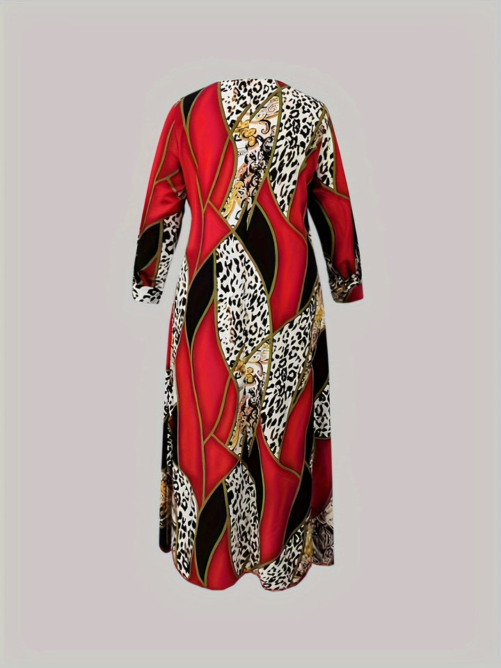 Plus Size Retro Dress, Women's Plus Leopard & Paisley Print Long Sleeve V Neck Maxi Dress