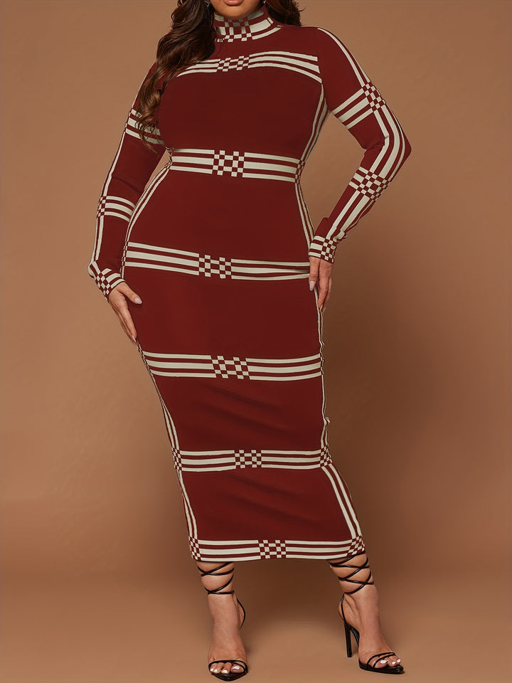 Stylish Plus Size Bodycon Dress with Geometric Print and Turtleneck, Perfect for All Seasons, Women's Plus Size Clothing