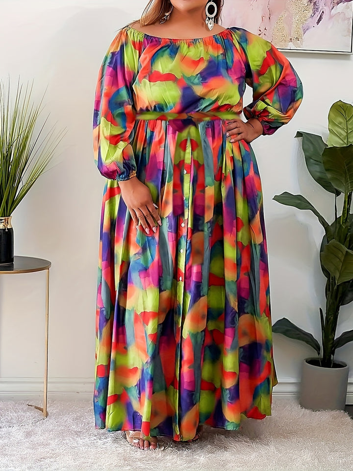 Elegant Plus Size Maxi Dress with Colorblock Print and Lantern Sleeves