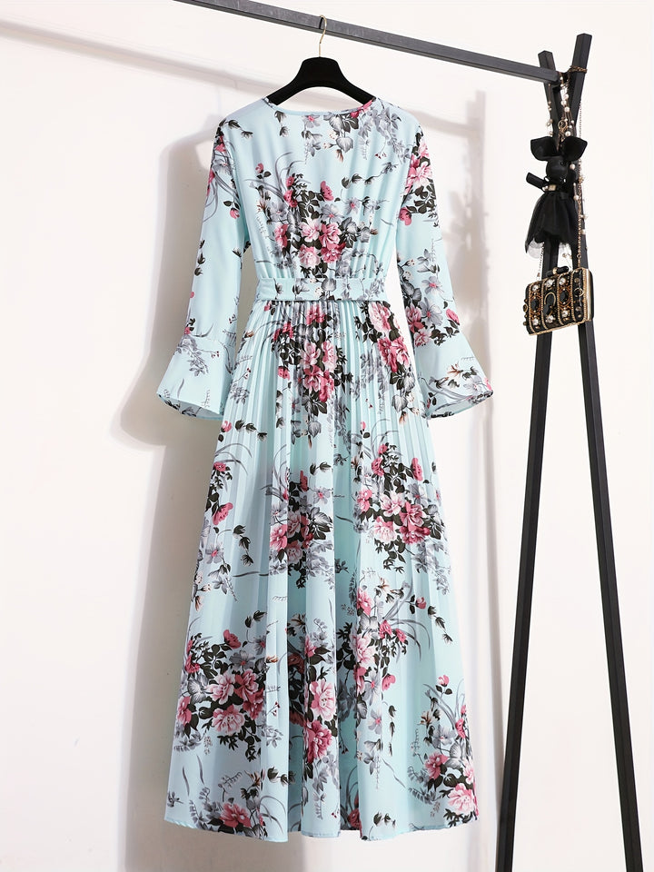 Floral Print Maxi Dress - Elegant Pleated Design for Women