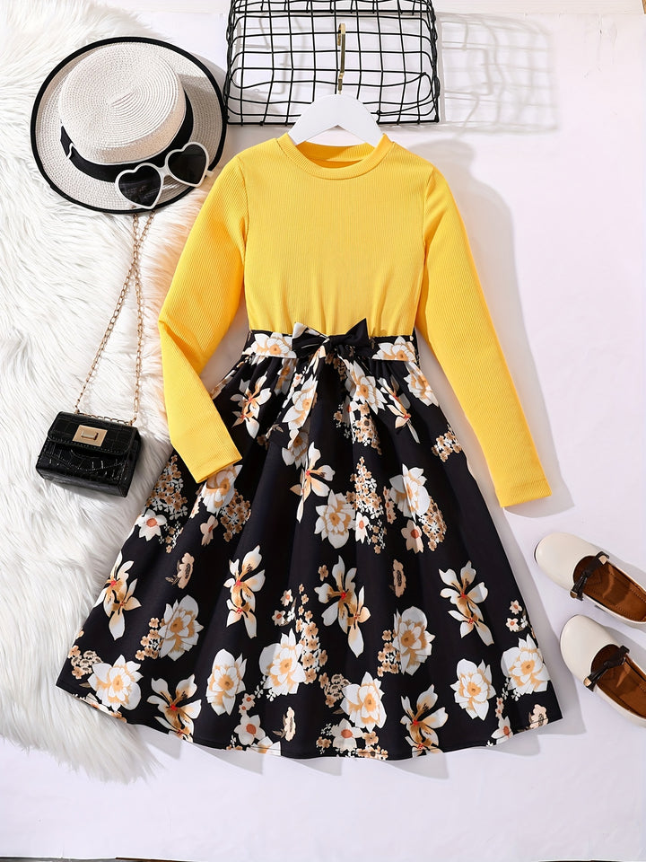 Girls Long Sleeves Round Neck Flowers Splicing Belted Dress For Party Kids Spring Clothes