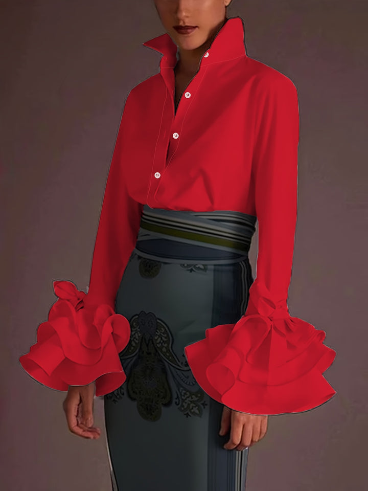 Plus Size Elegant Blouse, Women's Plus Solid Button Up Layered Sleeve Turn Down Collar Blouse