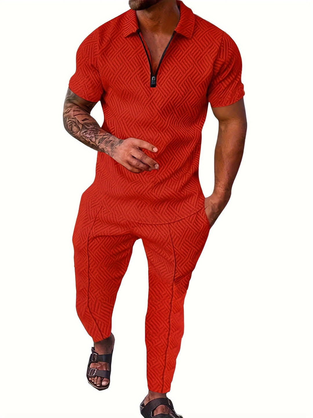 Men's 2Pcs Outfits Top & Pants Set, Casual Short Sleeve Shirt And Tapered Pants Set, Men's Clothing