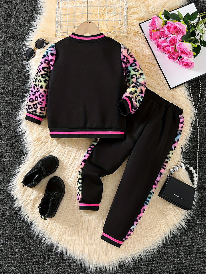 2pcs Splicing Leopard Print Plush Sets Girls Baseball Jacket + Jogger Pants Set Spring Fall Sports