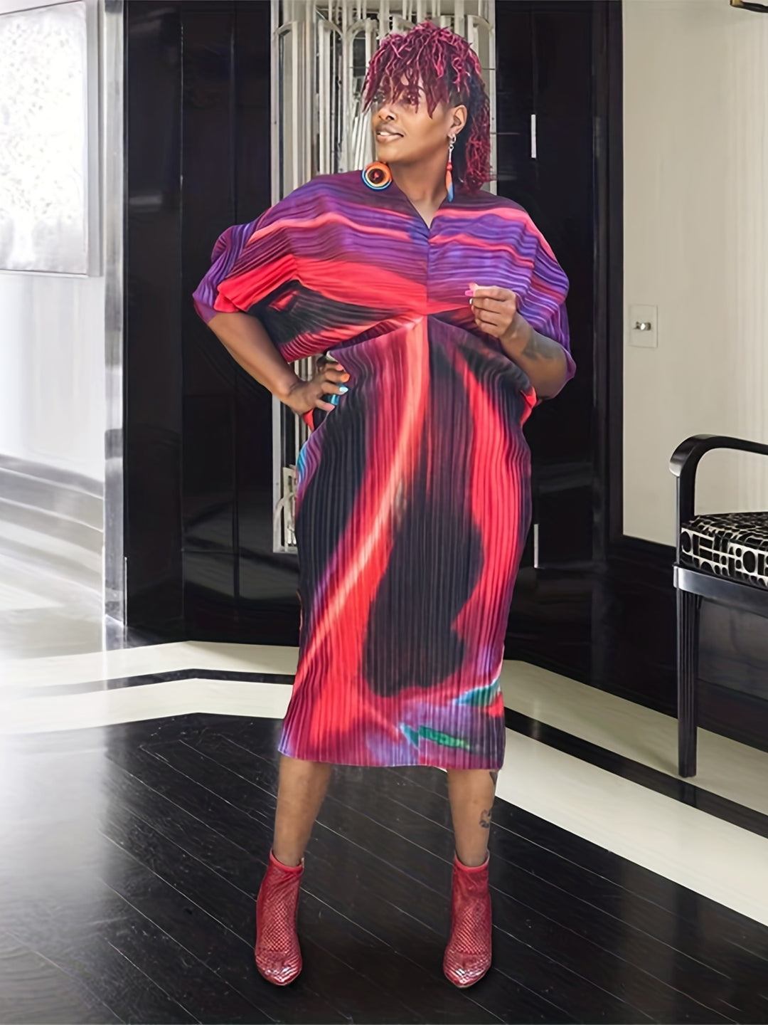 Color Block Batwing Sleeve Dress, Casual V Neck Bodycon Maxi Dress, Women's Clothing