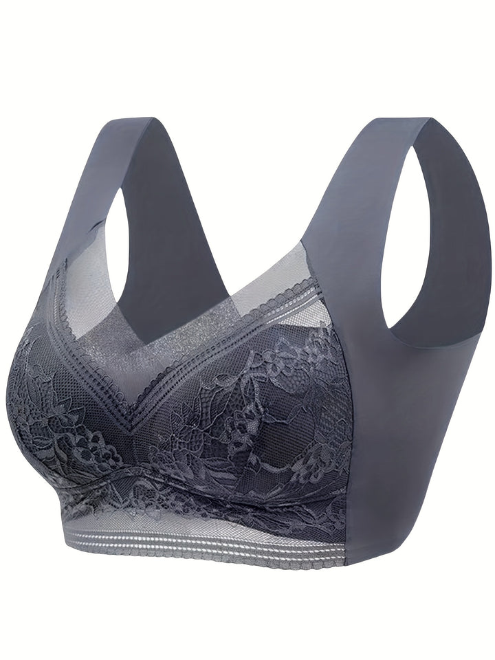 6pcs Floral Lace Decor Sports Bra For Women,Comfy Breathable Full Coverage Wirefree Yoga Bra, Women's Activewear