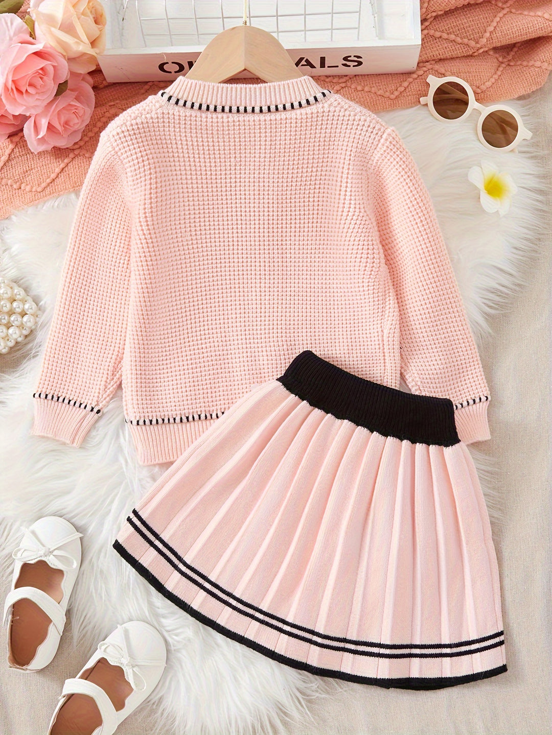 Toddler Girls 2pcs Button Front Bow Knitwear Top + Splicing Pleated Skirt Kids Clothes Fall Gift