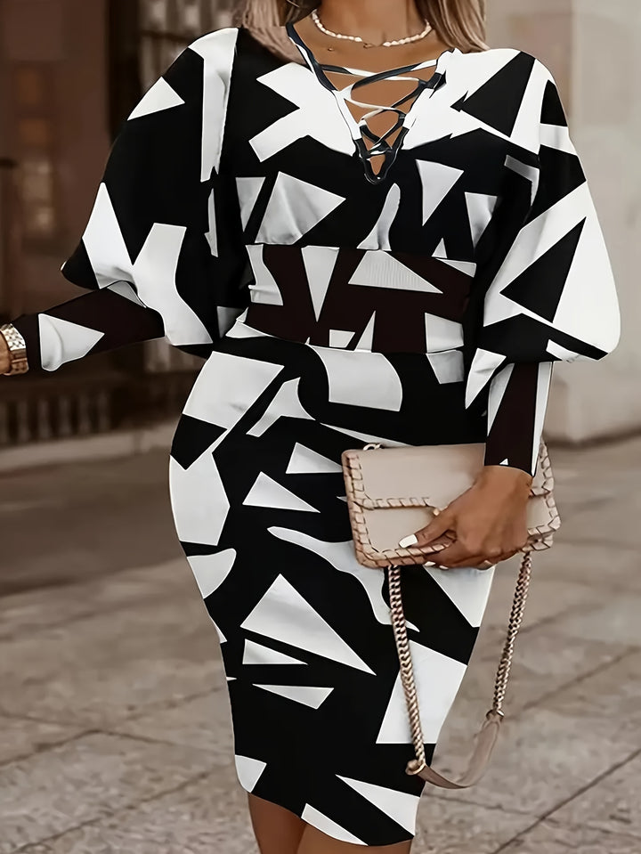 Stylish Plus Size Dress for Women: Colorblock Puff Sleeve Lace Up V Neck Bodycon Dress
