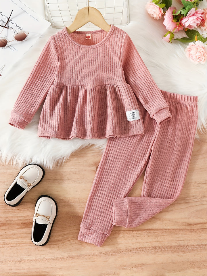 Toddler Girls Ribbed Long Sleeve Flared Hem Top + Matching Pants Kids Clothes