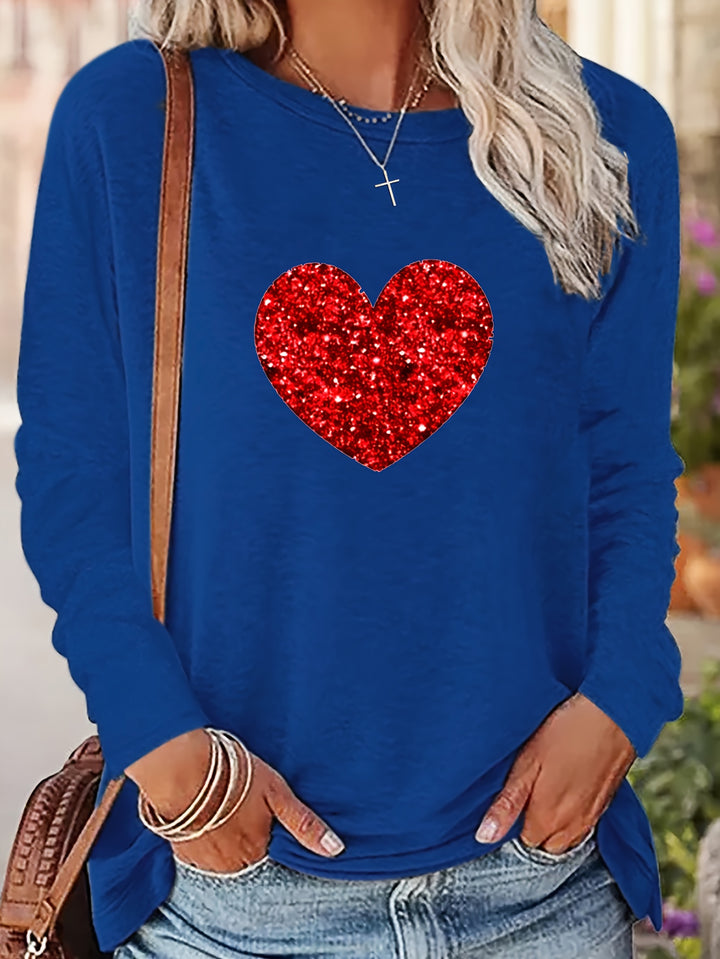 Valentine's Day Graphic Print T-shirt, Long Sleeve Crew Neck Casual Top For Spring & Fall, Women's Clothing