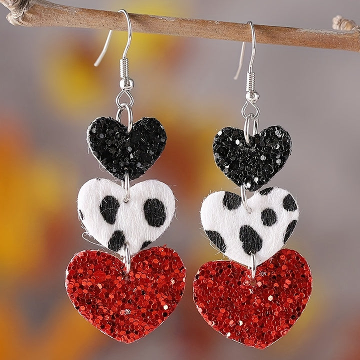 Heart Design Leopard Pattern Bling Bling Sequins Decor Dangle Earrings PU Leather Jewelry Valentine's Day Gift