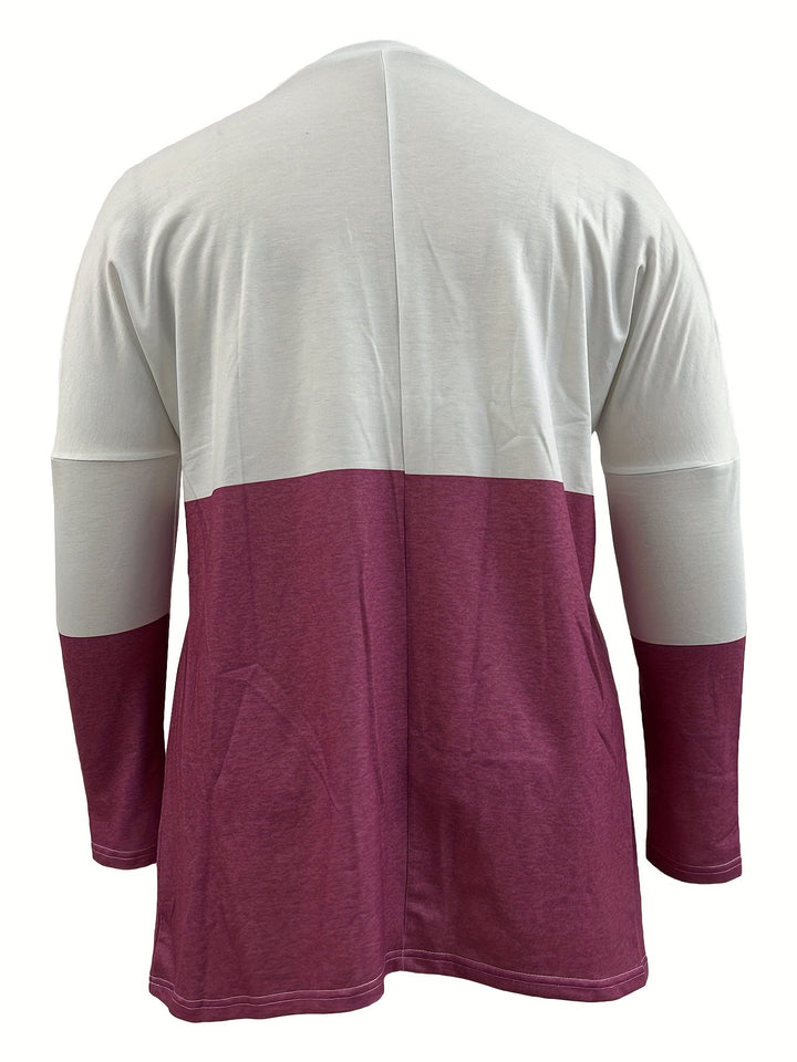 Plus Size Casual T-shirt, Women's Plus Colorblock Heart Print Drop Shoulder Long Sleeve Round Neck Tunic T-shirt With Pockets