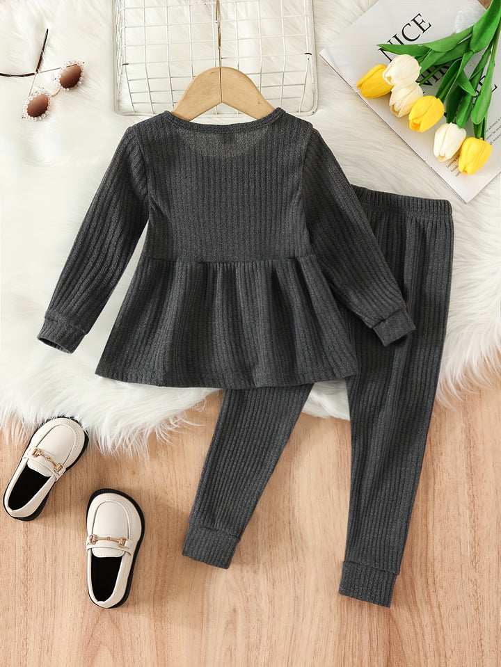 Toddler Girls Ribbed Long Sleeve Flared Hem Top + Matching Pants Kids Clothes