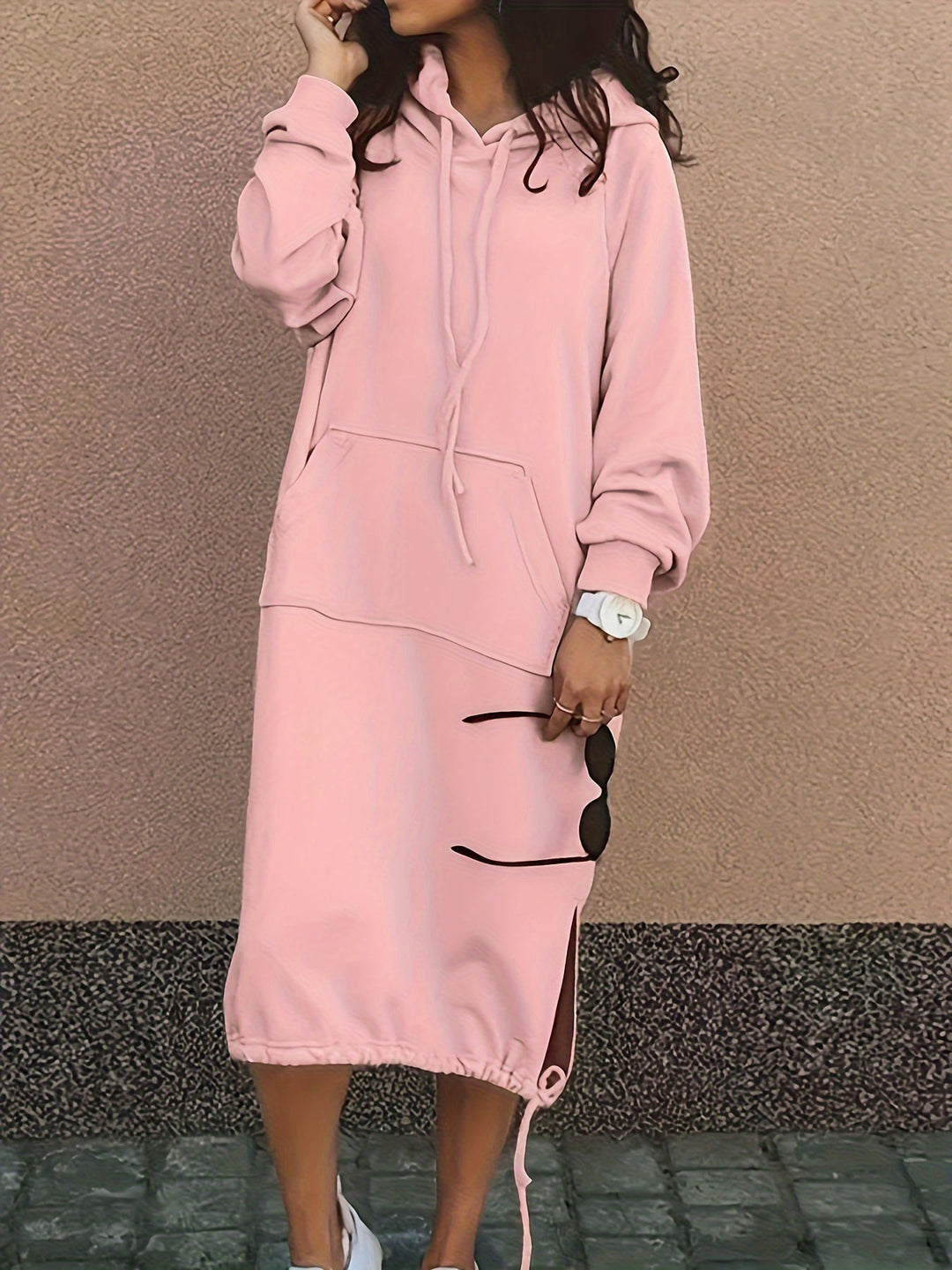 Plus Size Casual Dress, Women's Plus Solid Long Sleeve Drawstring Hooded Sweatshirt Dress With Pockets